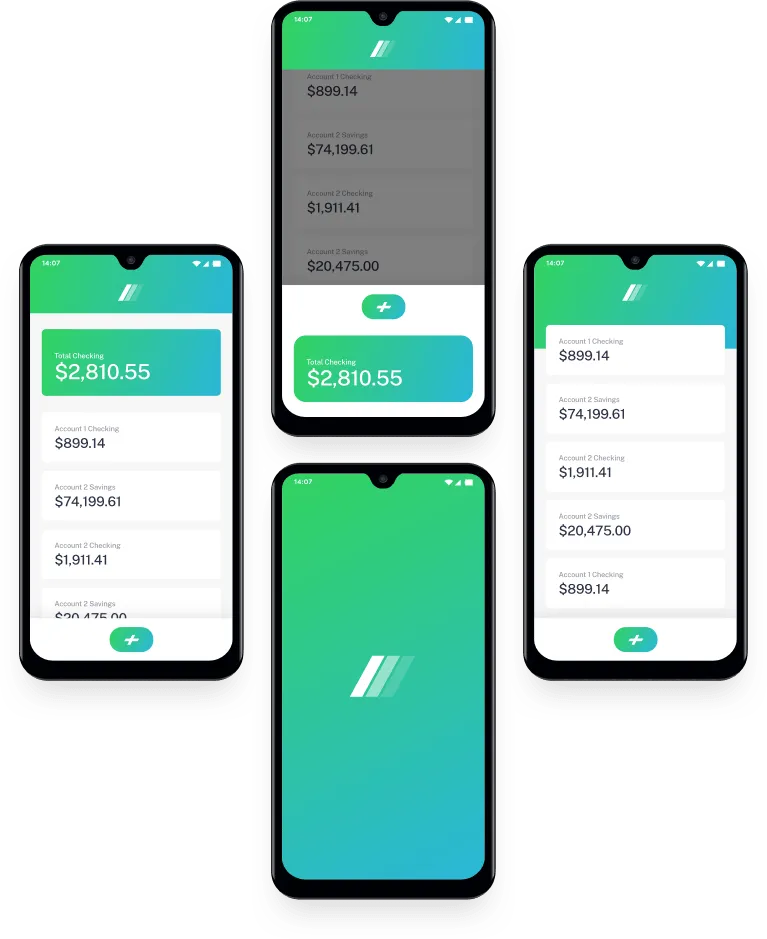 Four mobile phones displaying the digital banking app on their screens